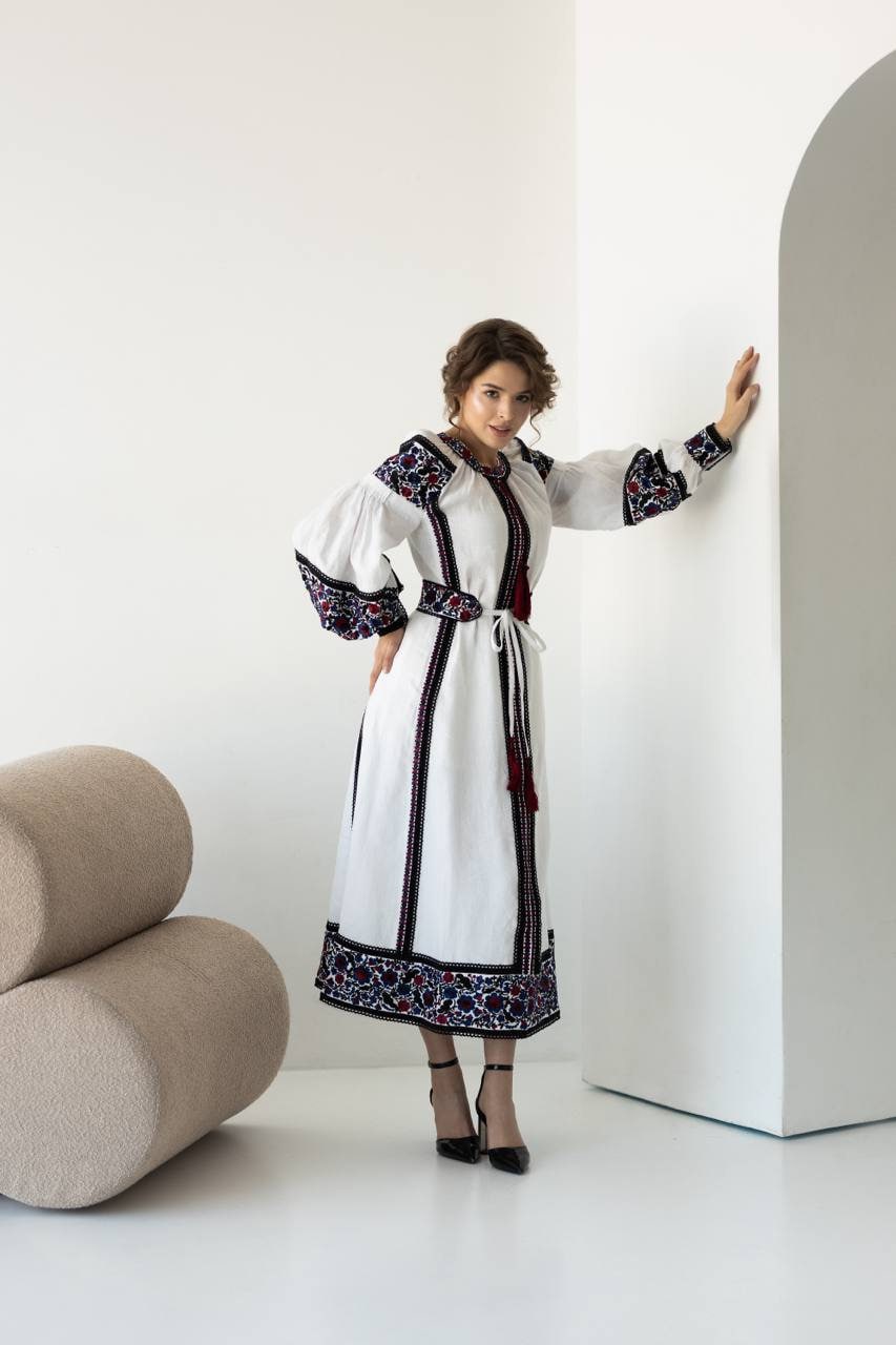 White Linen Embroidered Dress with Velvet Ribbons and Lace - Ukrainian Ethnic Fashion for Women