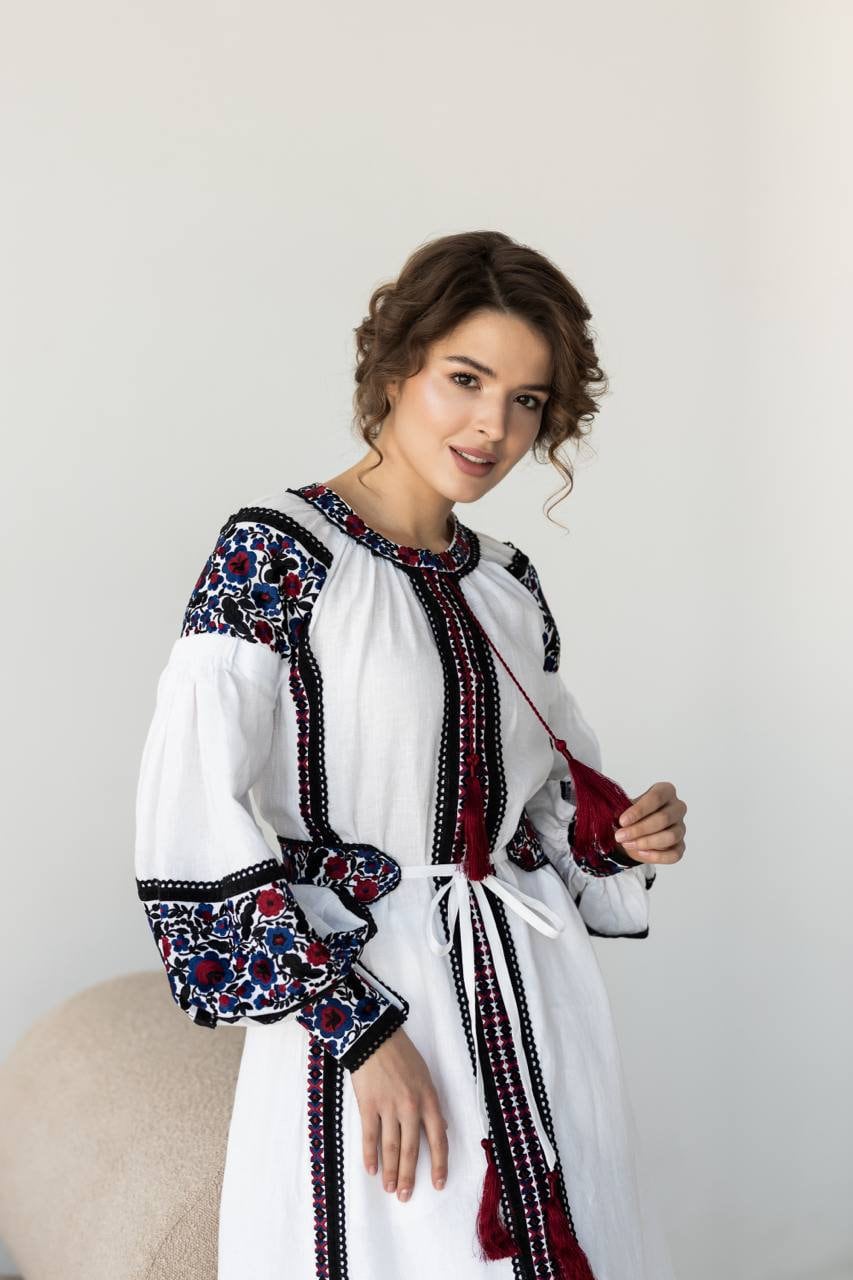 White Linen Embroidered Dress with Velvet Ribbons and Lace - Ukrainian Ethnic Fashion for Women