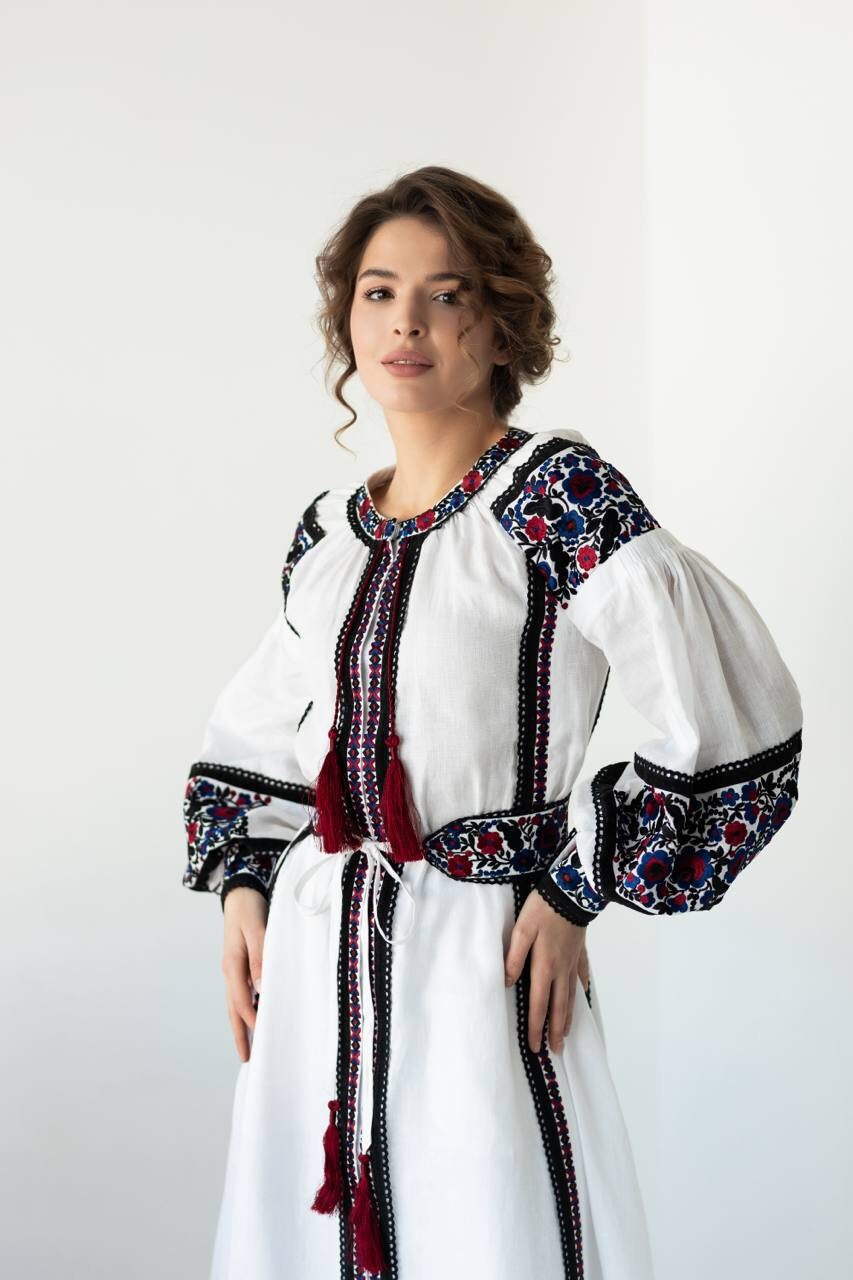 White Linen Embroidered Dress with Velvet Ribbons and Lace - Ukrainian Ethnic Fashion for Women
