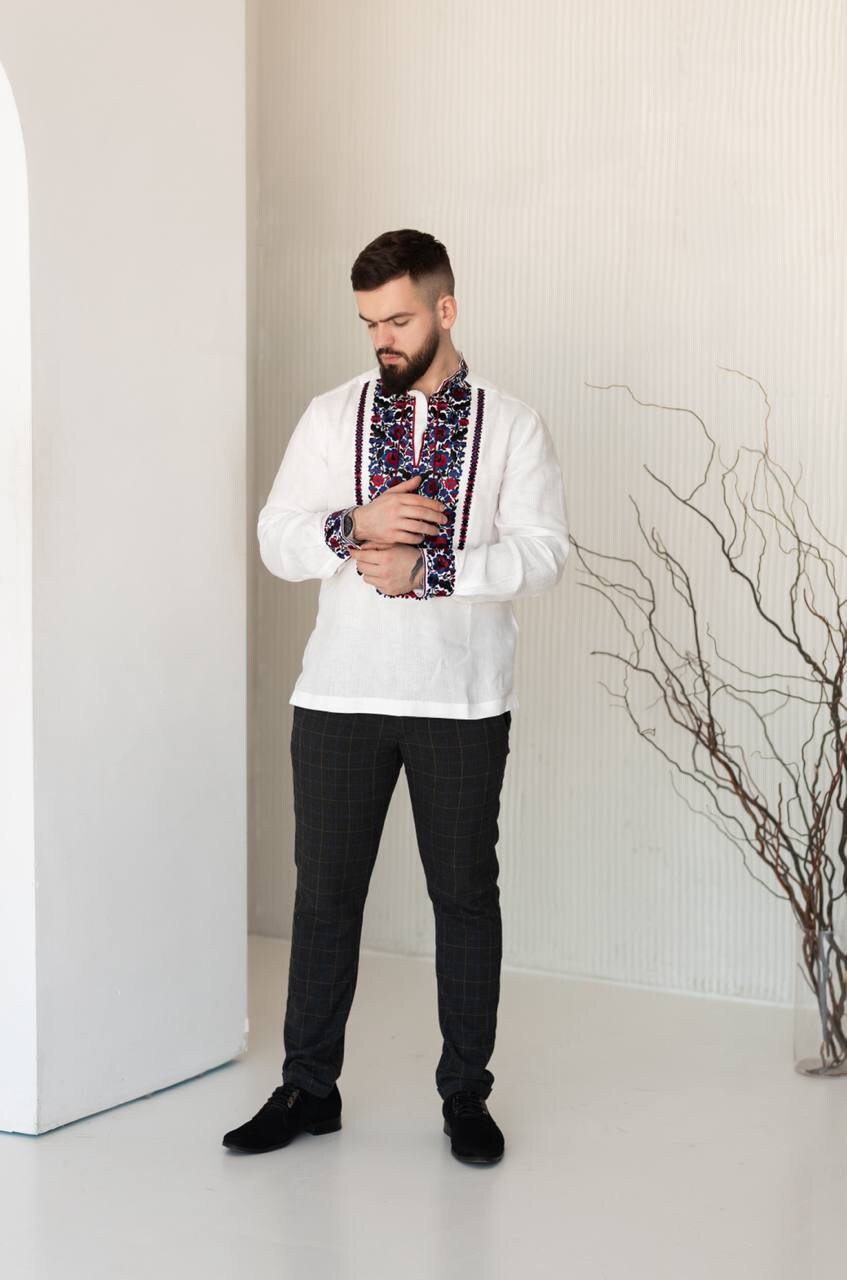 White Embroidered Ukrainian Vyshyvanka Shirt for Men