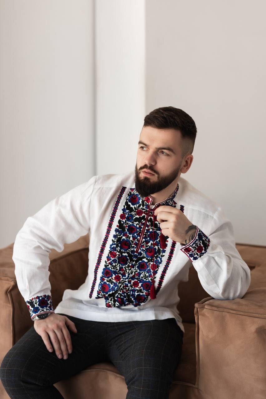 White Embroidered Ukrainian Vyshyvanka Shirt for Men