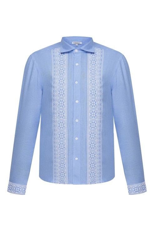 Men's Blue Linen Vyshyvanka Shirt - Traditional Ukrainian Embroidered Shirt