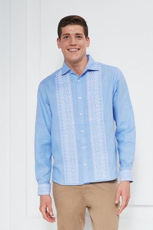Men's Blue Linen Vyshyvanka Shirt - Traditional Ukrainian Embroidered Shirt