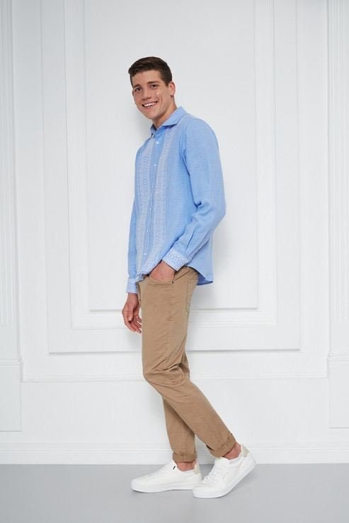 Men's Blue Linen Vyshyvanka Shirt - Traditional Ukrainian Embroidered Shirt