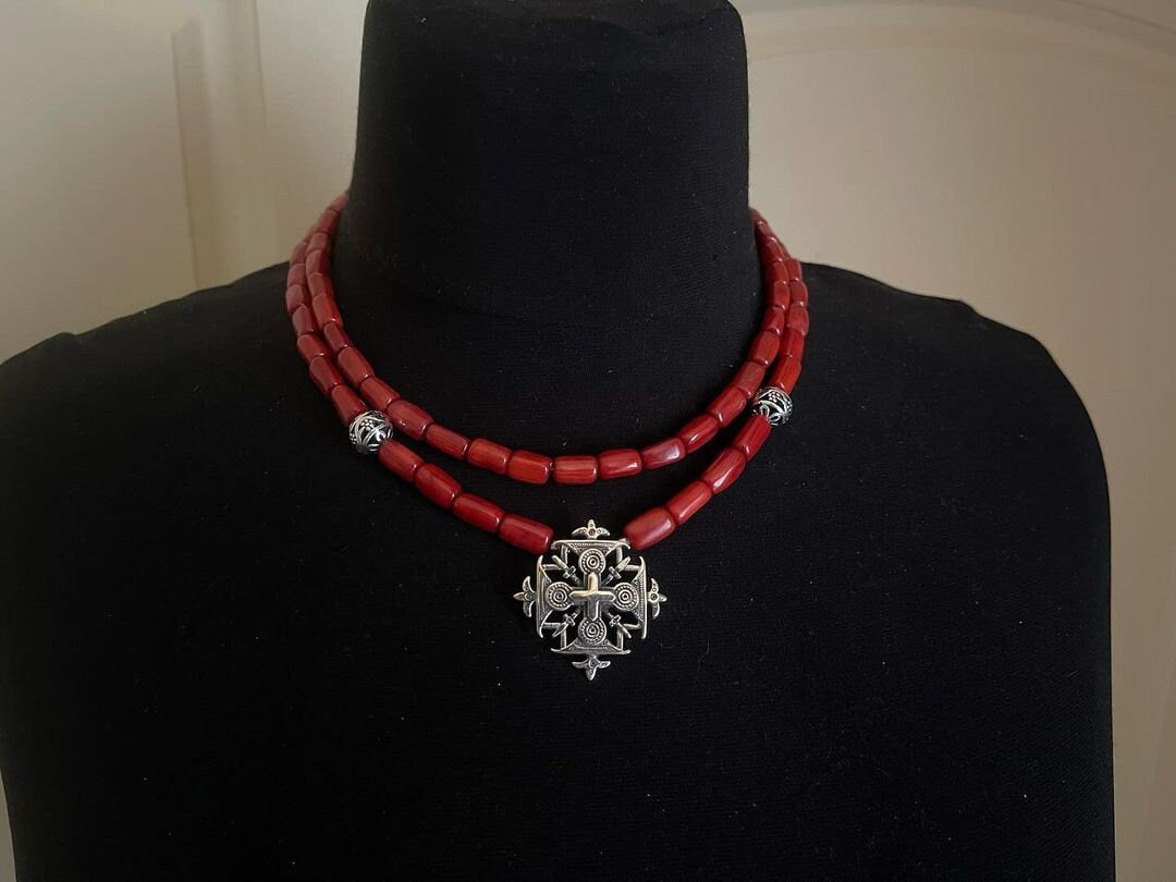 Red Ukrainian Traditional Cross Necklace - Ethnic Ceramic Antique Fireplace Beads Jewelry