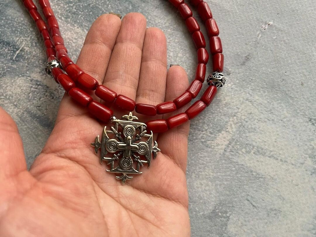 Red Ukrainian Traditional Cross Necklace - Ethnic Ceramic Antique Fireplace Beads Jewelry