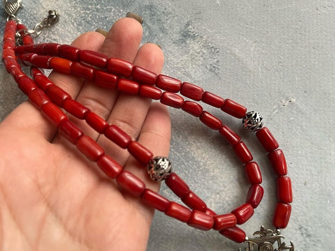 Red Ukrainian Traditional Cross Necklace - Ethnic Ceramic Antique Fireplace Beads Jewelry