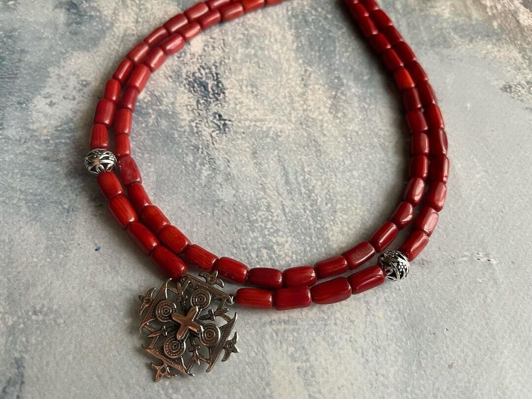 Red Ukrainian Traditional Cross Necklace - Ethnic Ceramic Antique Fireplace Beads Jewelry