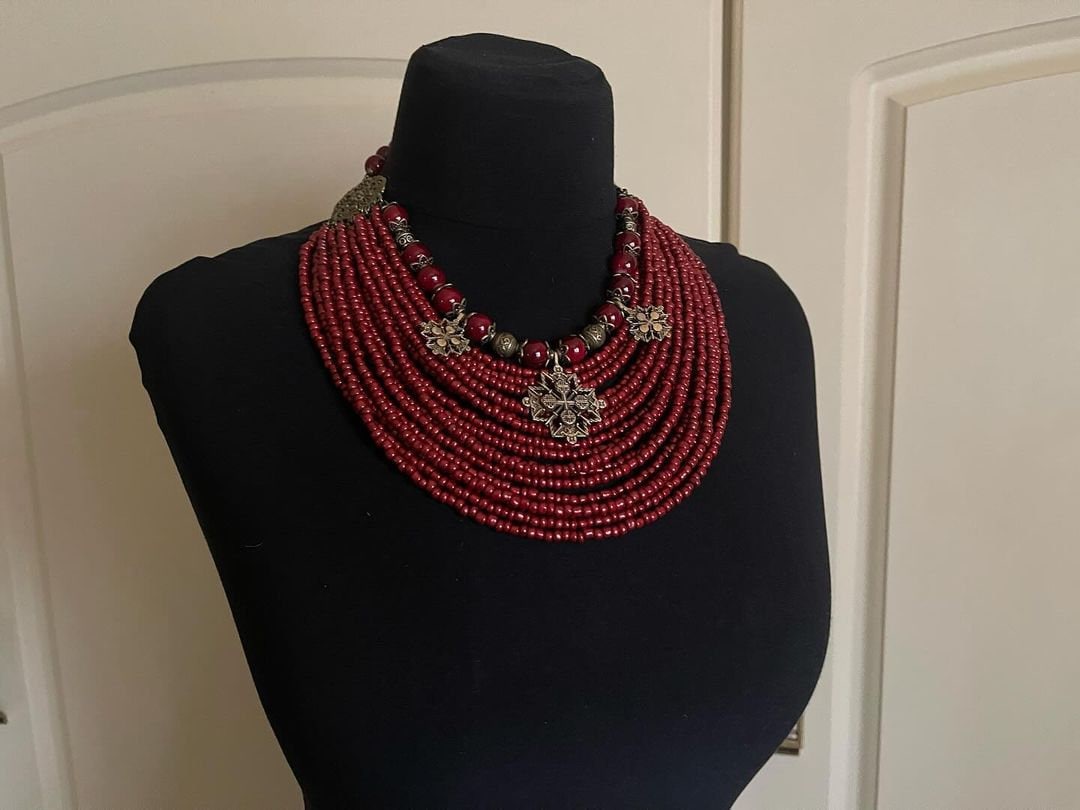 Ukrainian Traditional Multirow Ceramic Necklace with Antique Glass Beads