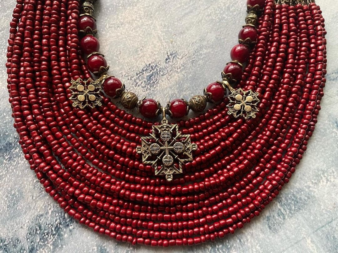 Red necklace Ukrainian Traditional MOTHERS GIFT Jewelry Ethnic Multirow Necklace of antique glass beads with contempt Gift for Her Easter