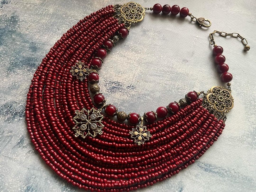 Red necklace Ukrainian Traditional MOTHERS GIFT Jewelry Ethnic Multirow Necklace of antique glass beads with contempt Gift for Her Easter
