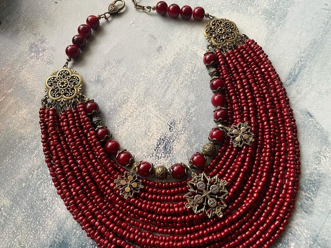 Red necklace Ukrainian Traditional MOTHERS GIFT Jewelry Ethnic Multirow Necklace of antique glass beads with contempt Gift for Her Easter