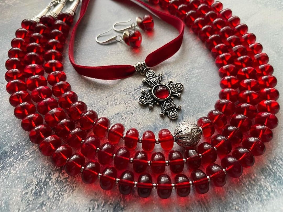 Ukrainian Traditional Multirow Necklace with Indian Glass Beads and Ethnic Ceramics