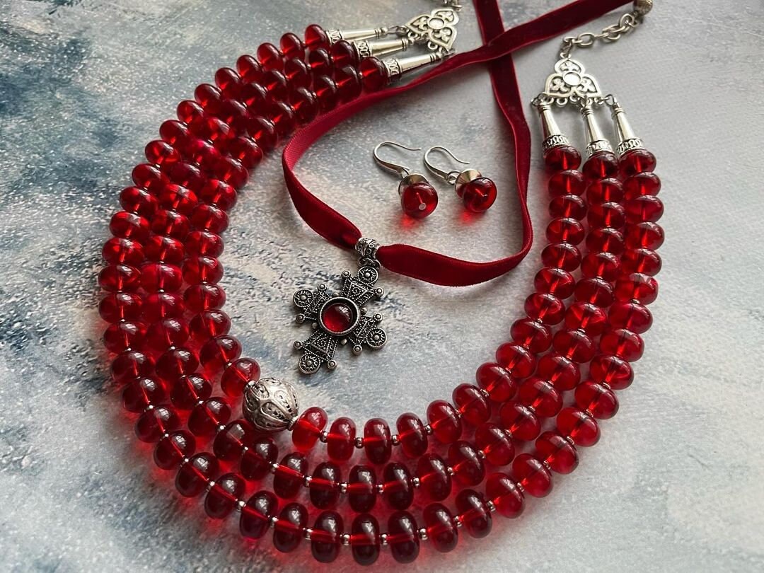 Ukrainian Traditional Multirow Necklace with Indian Glass Beads and Ethnic Ceramics