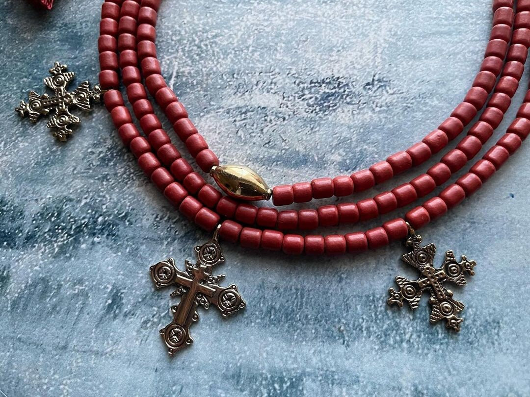 Red Ukrainian Traditional Multi-Row Ceramic Bead Necklace