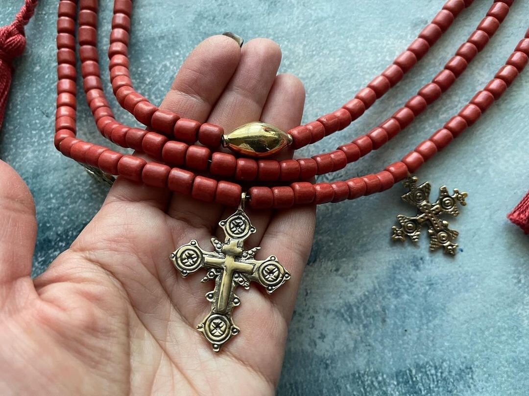 Red Ukrainian Traditional Multi-Row Ceramic Bead Necklace