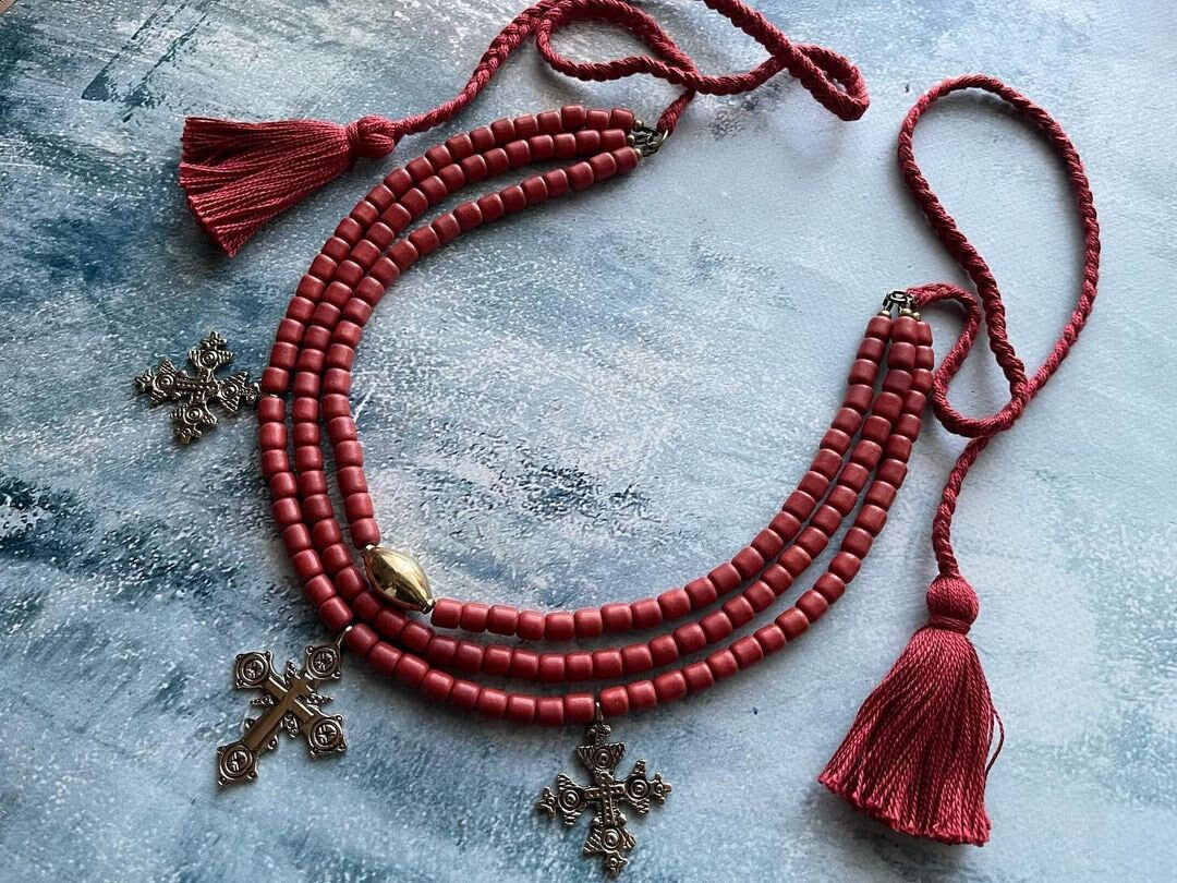 Red Ukrainian Traditional Multi-Row Ceramic Bead Necklace