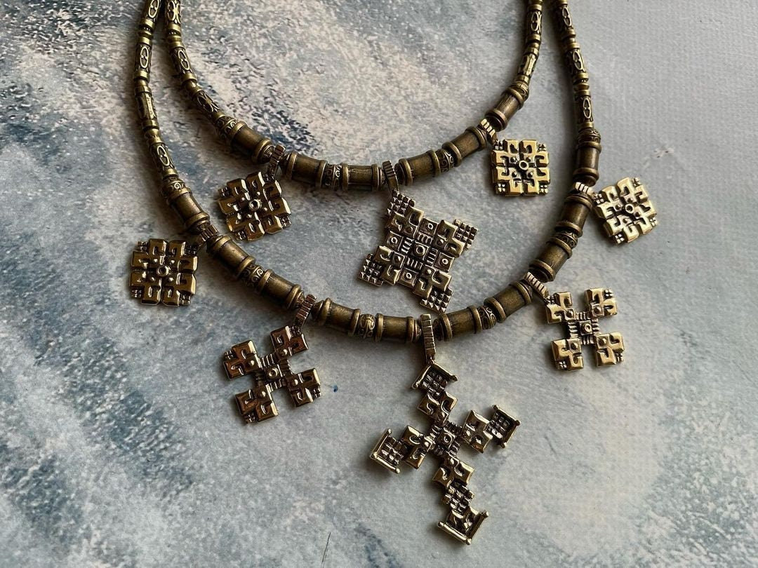Ethnic Ukrainian Metal Cross Necklace with Brass Pendants for Women