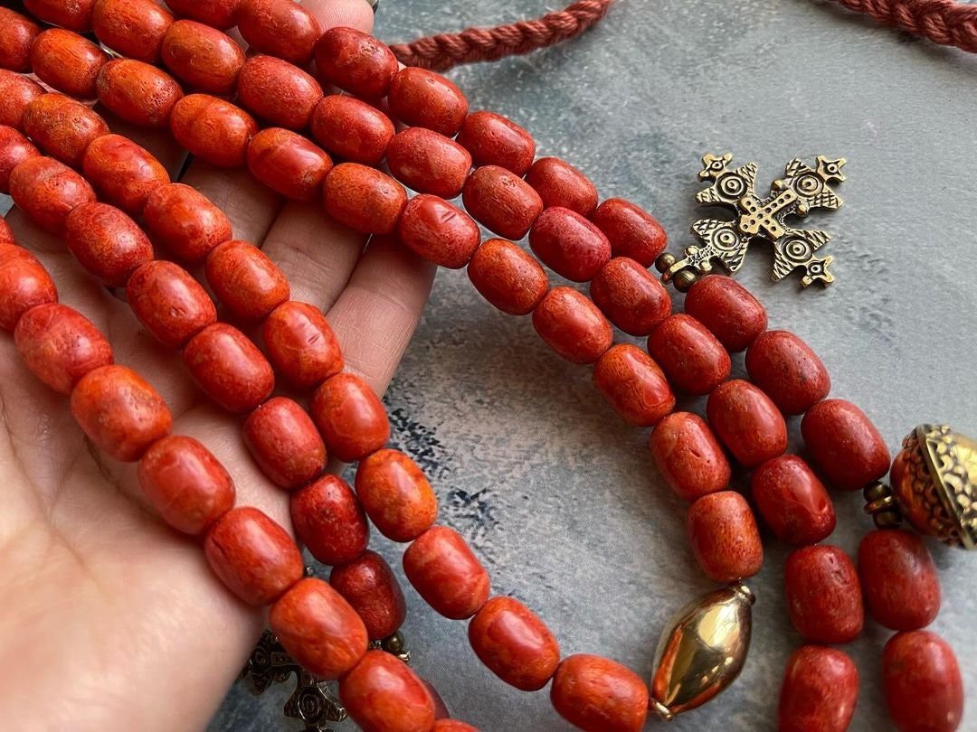 Red Ukrainian Traditional Multirow Necklace with Natural Coral and Ethnic Ceramics