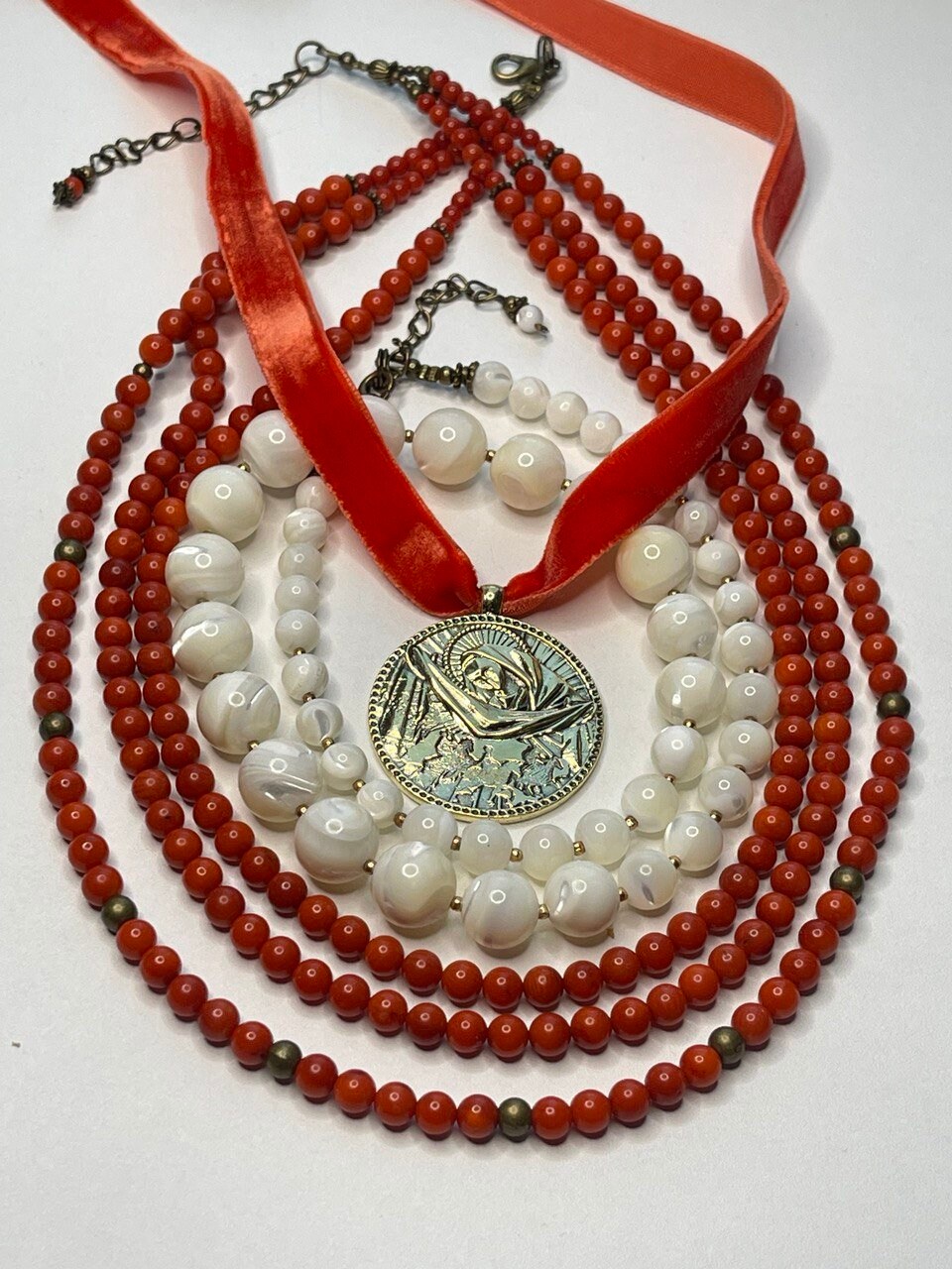 Red Natural Pressed Coral Necklace and Mother of God Pendant - Ukrainian Ethnic Accessory
