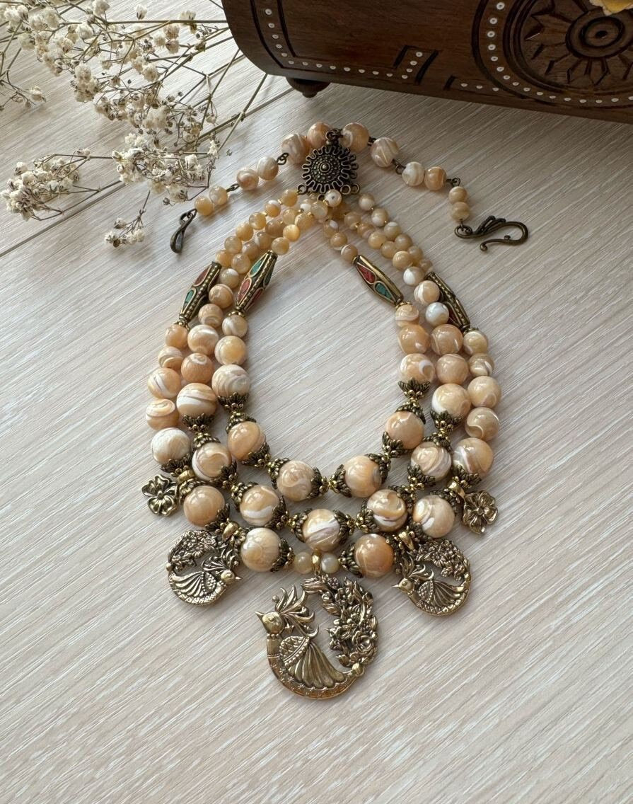 2025 Beige Ukrainian Traditional Fire Bird Pearl Necklace - Ethnic Jewelry
