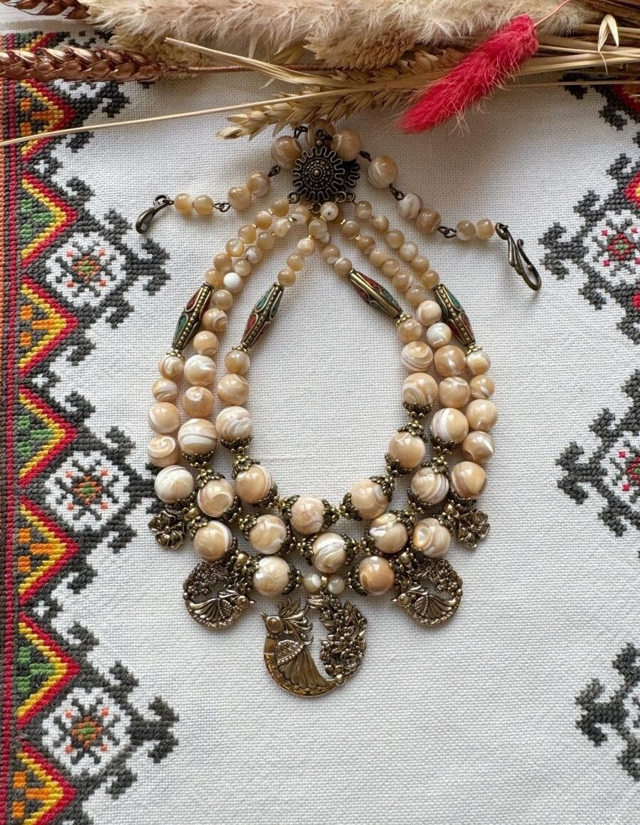 2025 Beige Ukrainian Traditional Fire Bird Pearl Necklace - Ethnic Jewelry