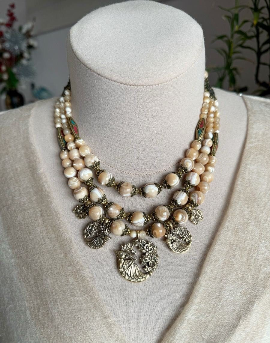 2025 Beige Ukrainian Traditional Fire Bird Pearl Necklace - Ethnic Jewelry