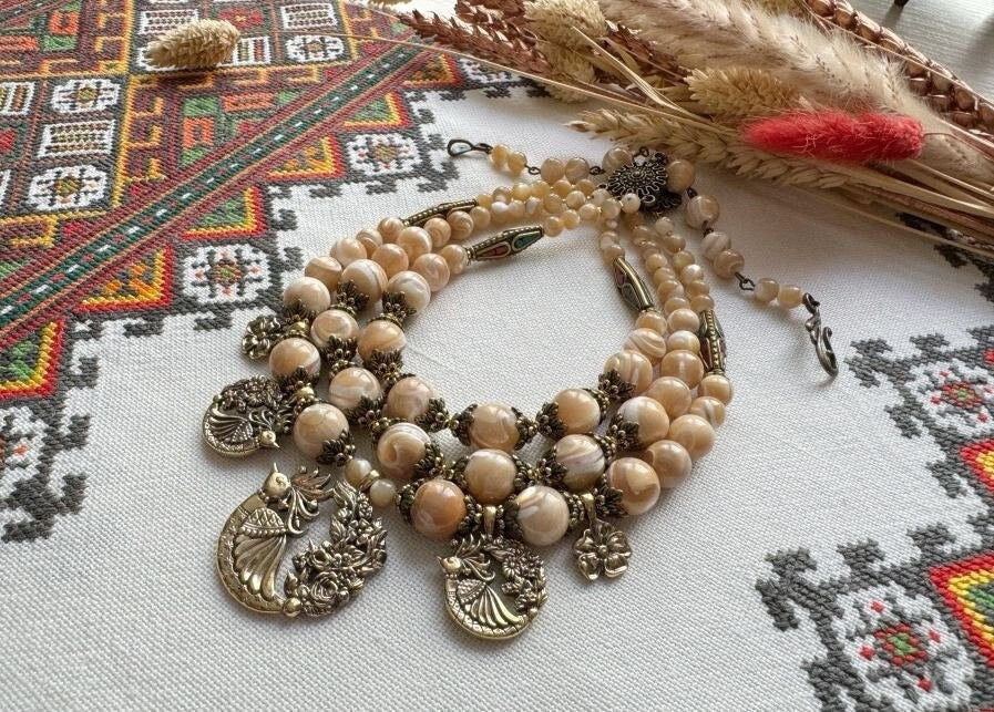 2025 Beige Ukrainian Traditional Fire Bird Pearl Necklace - Ethnic Jewelry