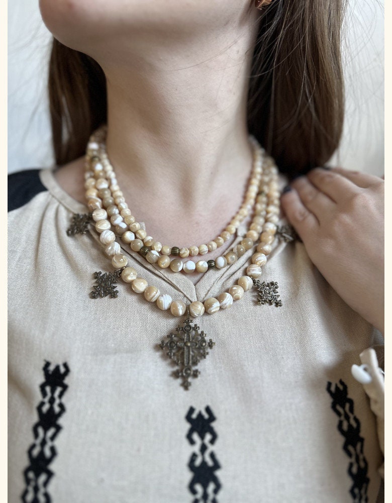 Ukrainian Traditional Three-String Balamut Necklace with Brass Crosses