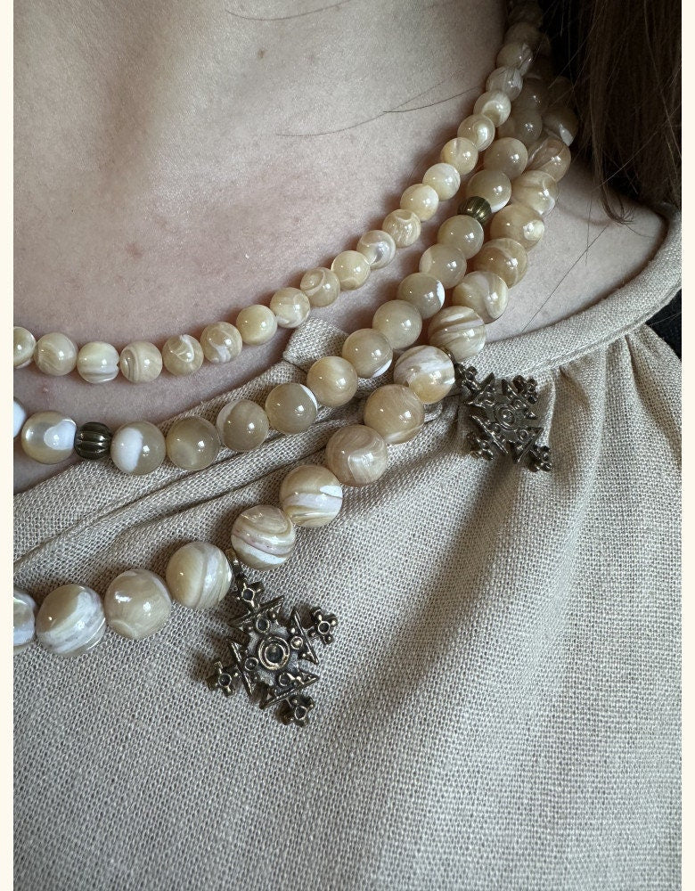 Ukrainian Traditional Three-String Balamut Necklace with Brass Crosses