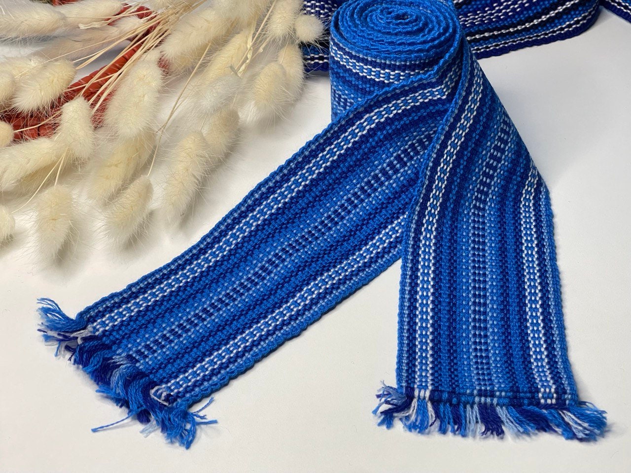 Blue Ukrainian Krajka Hutsul Woven Belt - Handcrafted Cossack Sash Waistband