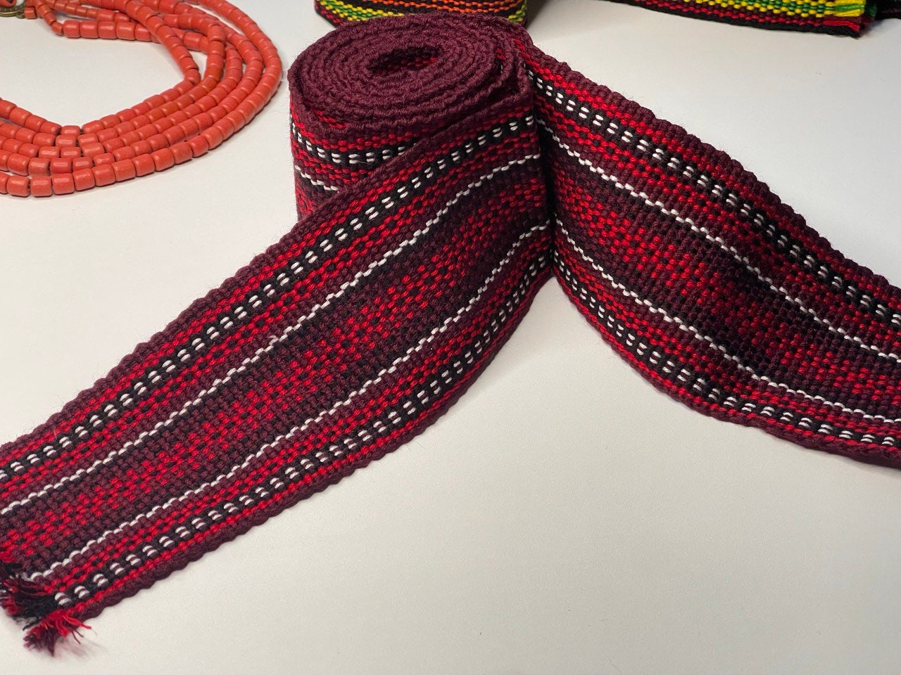Red Ukrainian Krajka Hutsul Woven Sash Belt - Ethnic Slavic Kushak for Sharovary