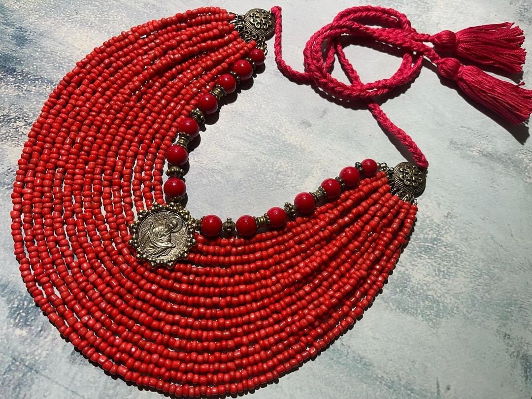 Red Ukrainian Traditional Multirow Necklace with Antique Fireplace Beads