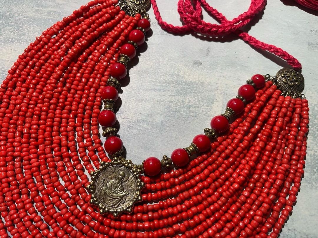 Red Ukrainian Traditional Multirow Necklace with Antique Fireplace Beads