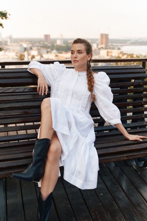 White Ukrainian Embroidered Linen Dress - Limited Edition Stylish Boho Design with Unique Embroidery
