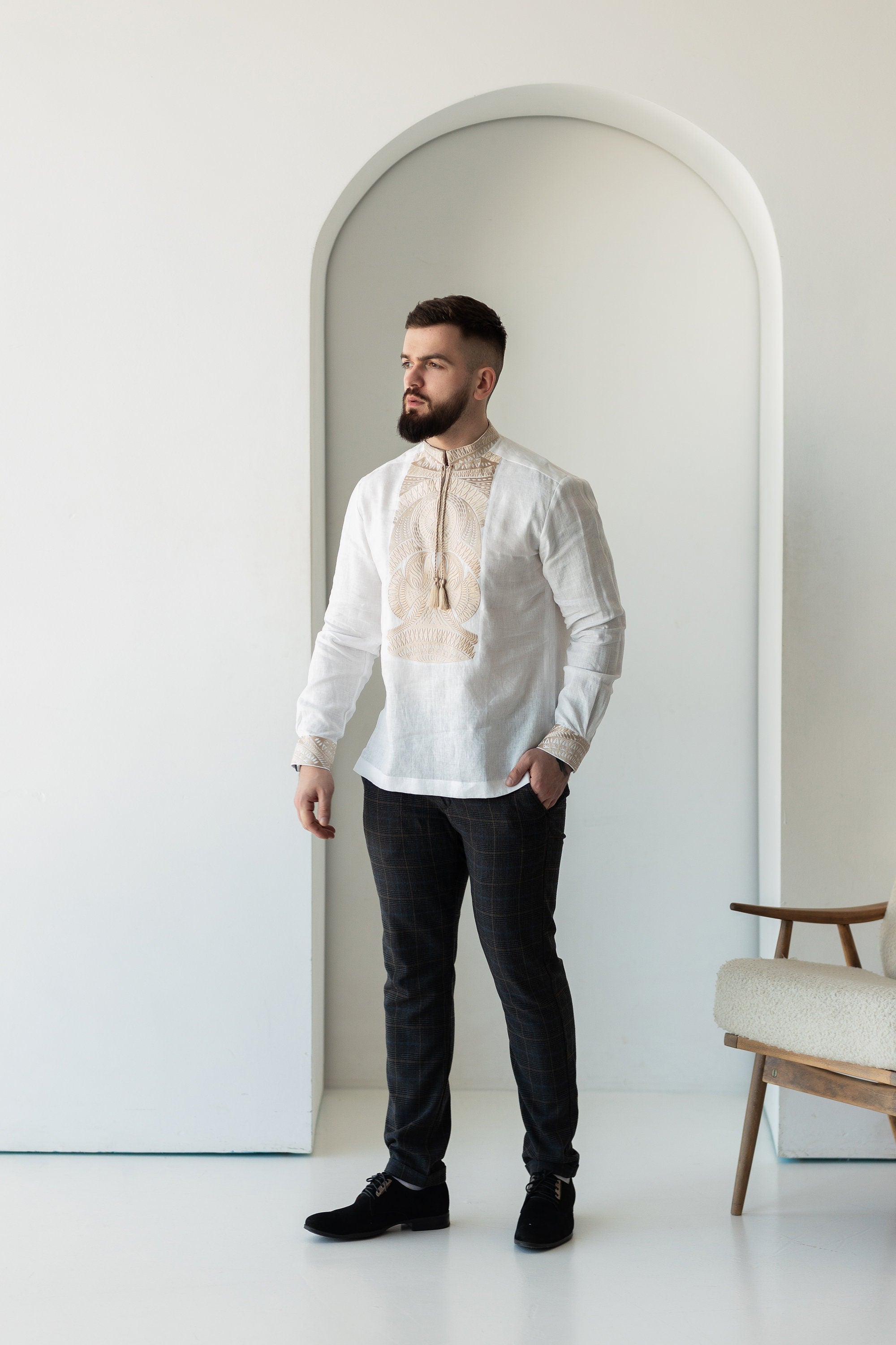 Beige Embroidered Ukrainian Vyshyvanka Shirt for Men