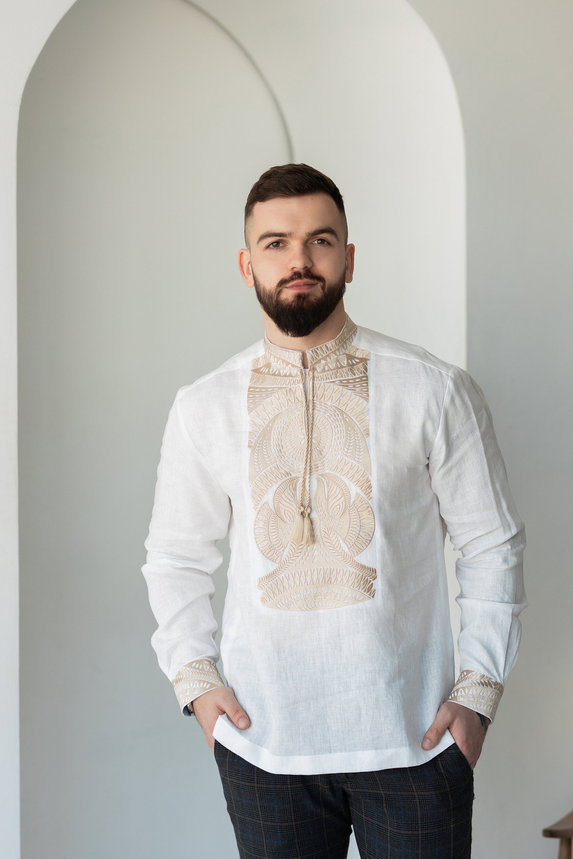 Beige Embroidered Ukrainian Vyshyvanka Shirt for Men