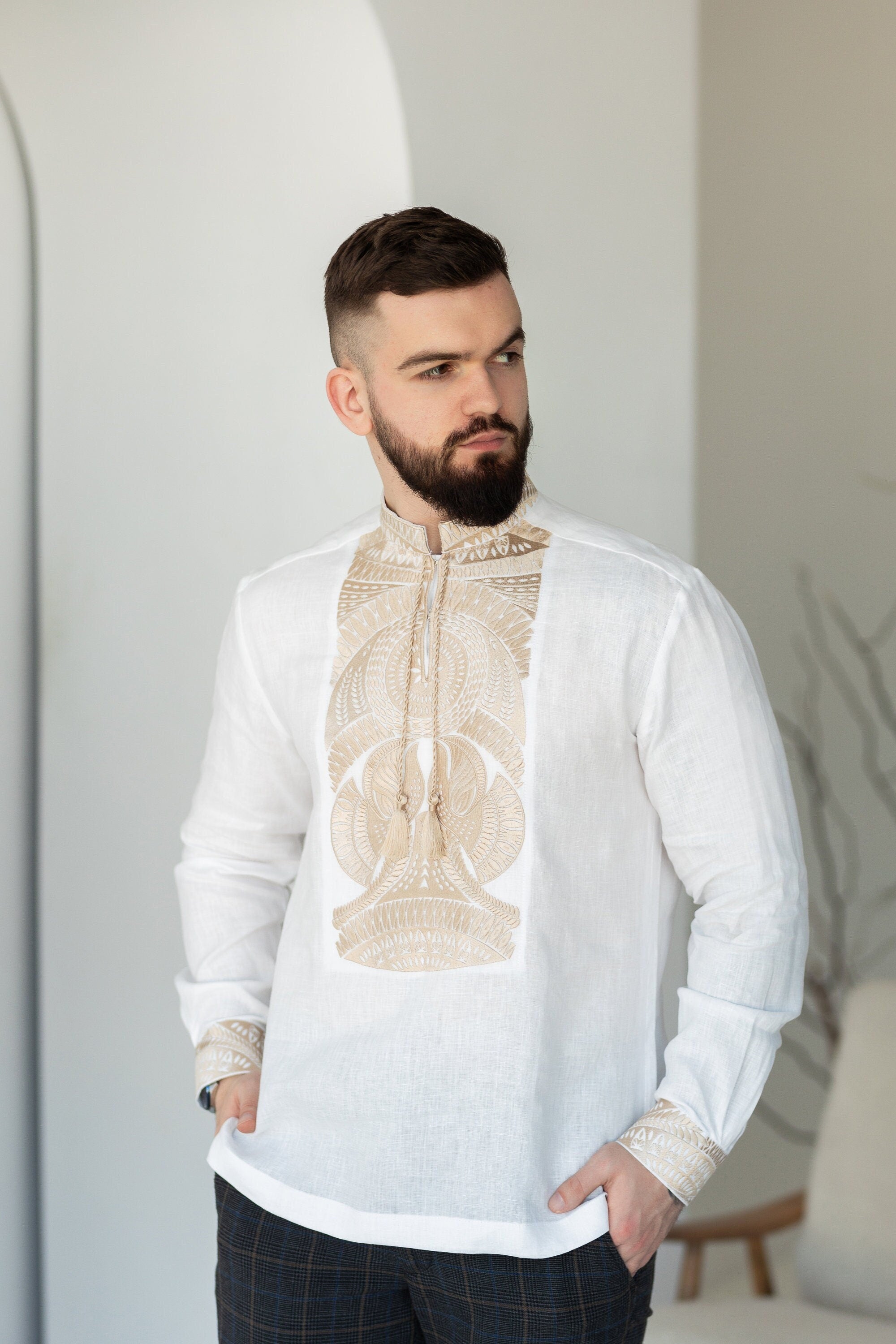 Beige Embroidered Ukrainian Vyshyvanka Shirt for Men