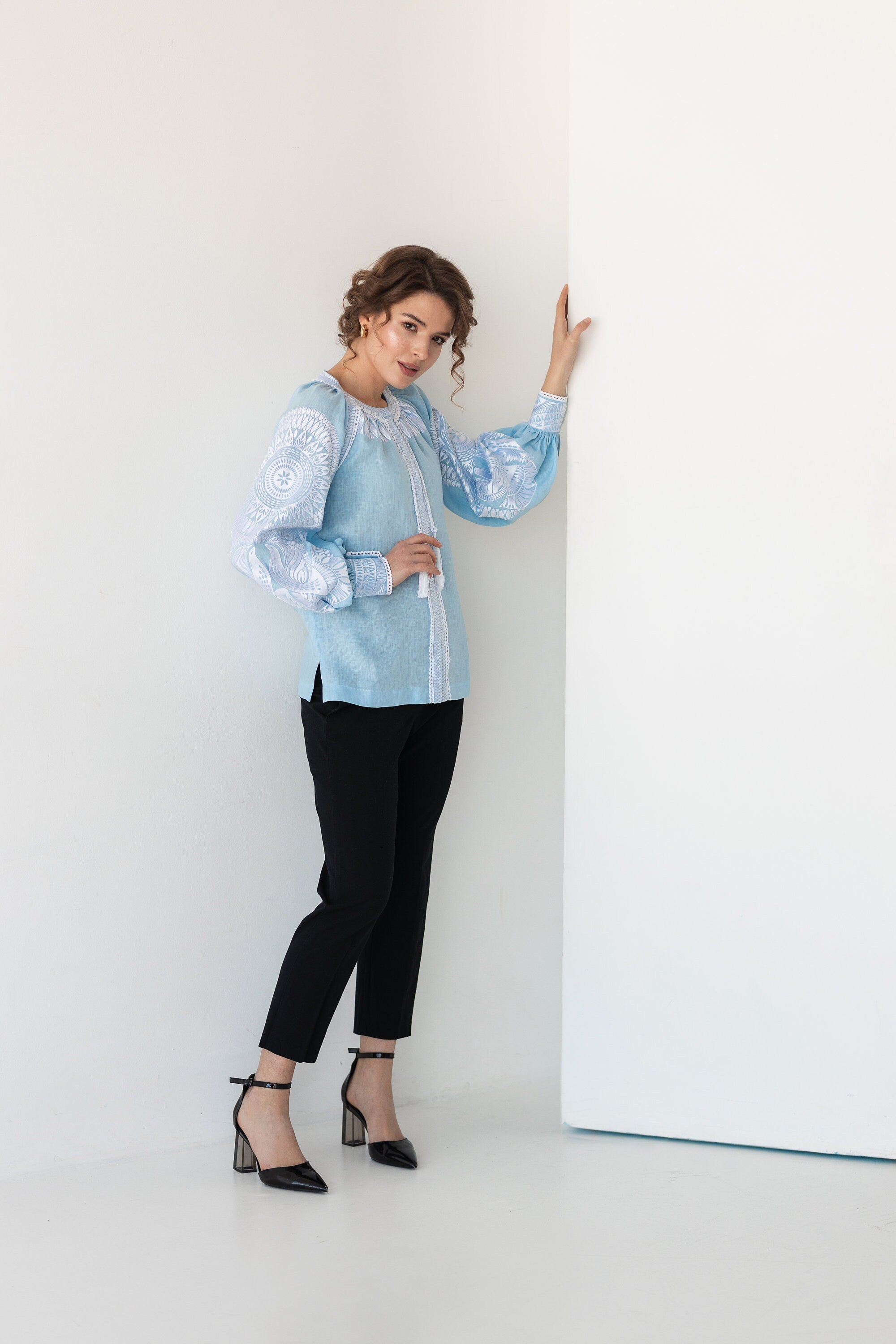 Blue Ukrainian Vyshyvanka Blouse - Red Embroidered Bohemian Ethnic Shirt