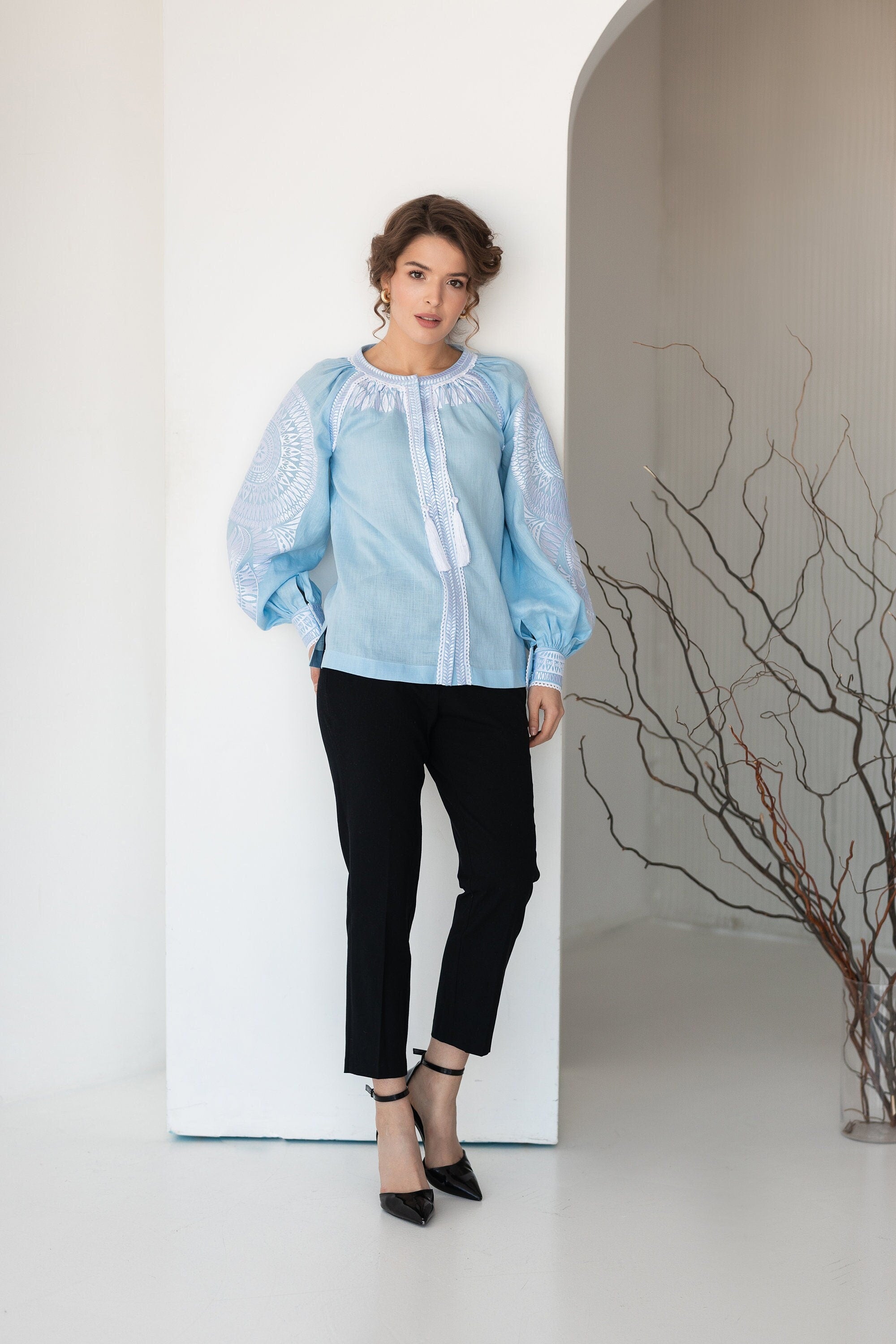 2025 Blue Ukrainian Vyshyvanka Blouse | Red Embroidered Bohemian Shirt