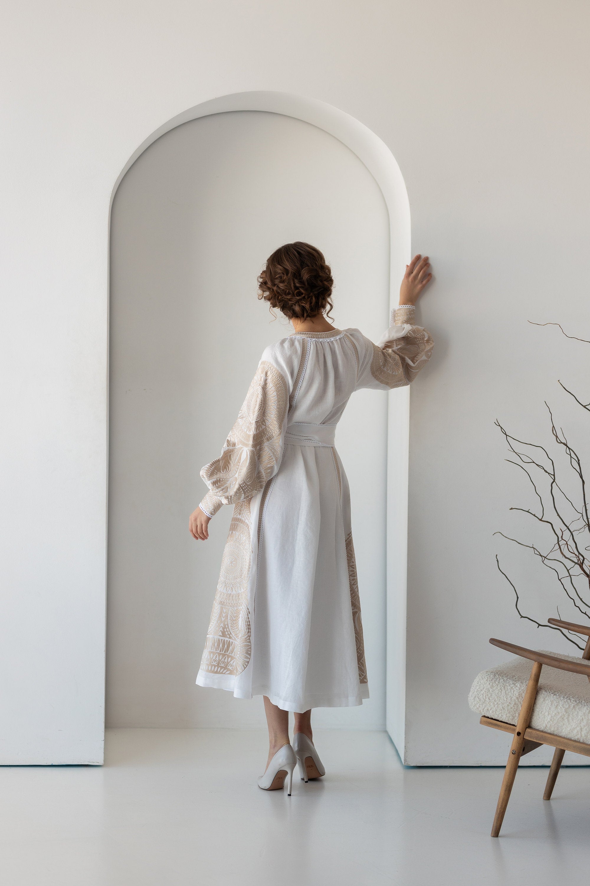 White Linen Embroidered Dress with Beige Ukrainian Ethnic Design