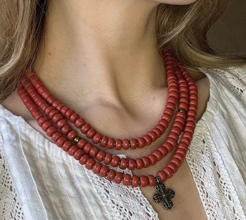 Red Ukrainian Traditional Cross Necklace - Ethnic Ceramic Beads