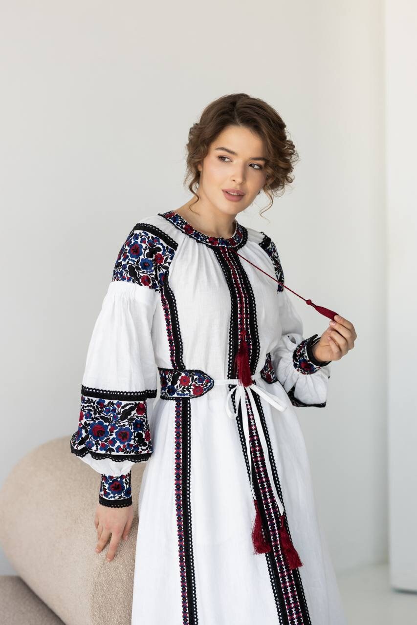 White Linen Embroidered Dress with Velvet Ribbons and Lace - Ukrainian Ethnic Fashion for Women