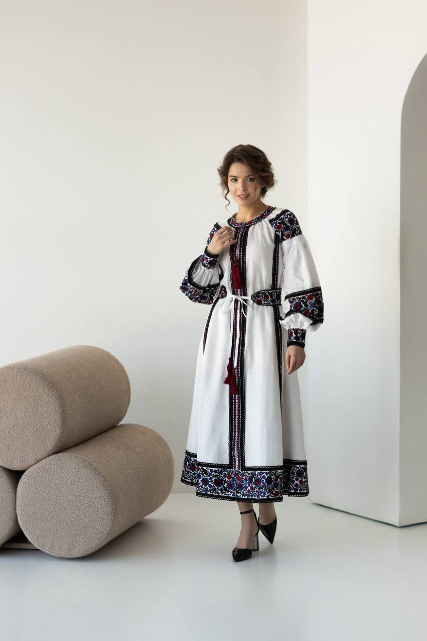 White Linen Embroidered Dress with Velvet Ribbons and Lace - Ukrainian Ethnic Fashion for Women