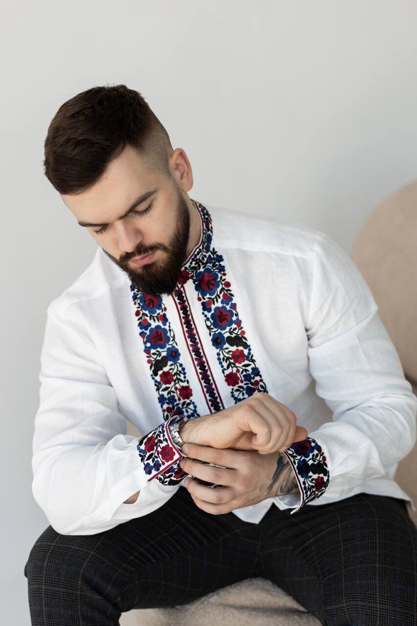 White Embroidered Ukrainian Vyshyvanka Shirt for Men