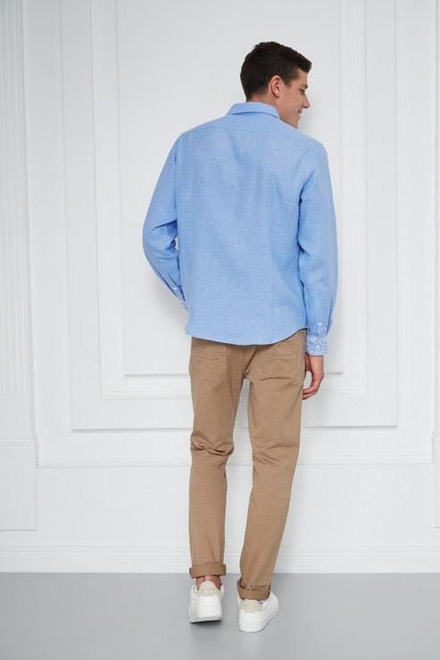 Men's Blue Linen Vyshyvanka Shirt - Traditional Ukrainian Embroidered Shirt