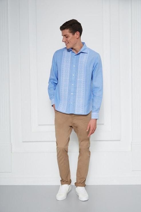 Men's Blue Linen Vyshyvanka Shirt - Traditional Ukrainian Embroidered Shirt