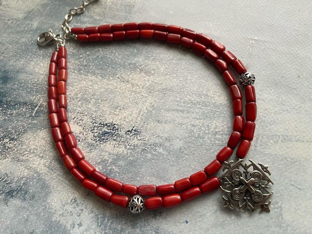 Red Ukrainian Traditional Cross Necklace - Ethnic Ceramic Antique Fireplace Beads Jewelry