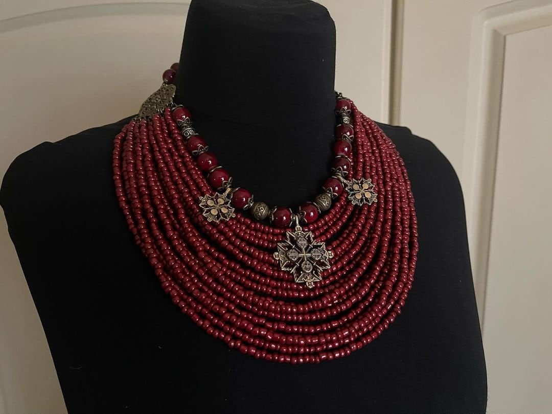 Red necklace Ukrainian Traditional MOTHERS GIFT Jewelry Ethnic Multirow Necklace of antique glass beads with contempt Gift for Her Easter