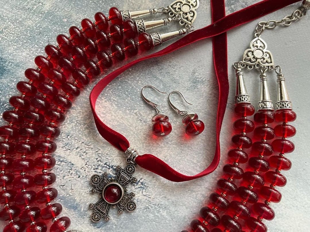 Ukrainian Traditional Multirow Necklace with Indian Glass Beads and Ethnic Ceramics